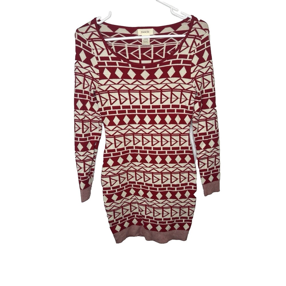 Fiancee Womens One Size Red White Aztec Geometric Knit Long Sleeve Sweater Dress